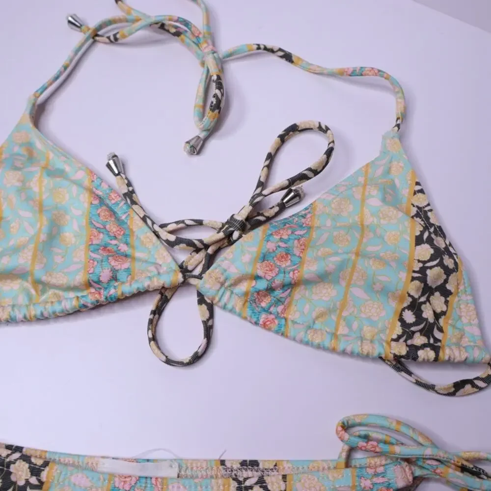 TULAROSA Two-Piece String Bikini Set Floral Green Halter Side Tie Women's XS/S